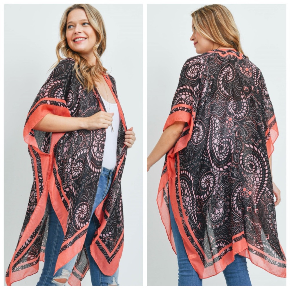 NEW Boho Black Coral Paisley Kimono